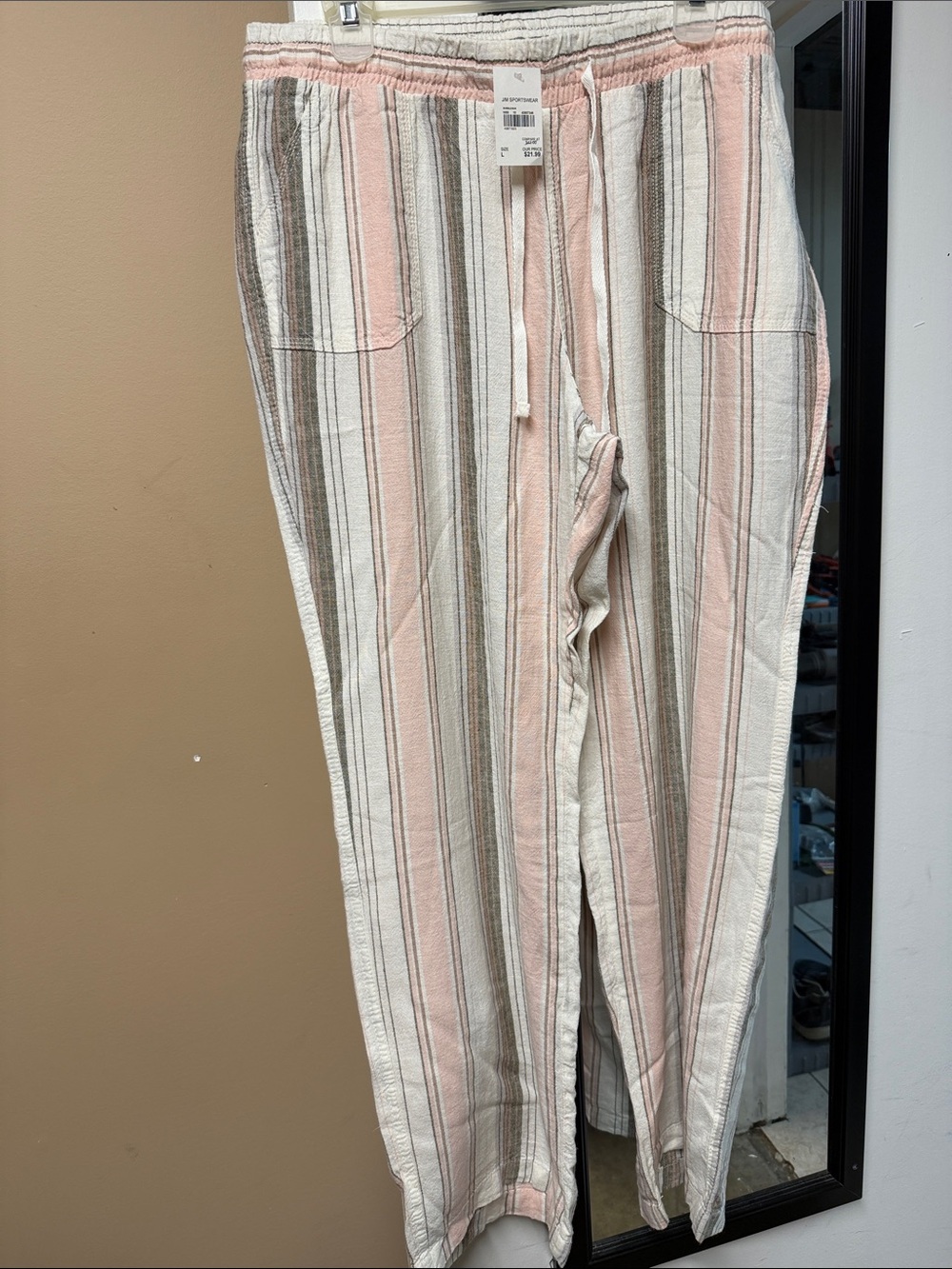 Cato Striped Drawstring Wide-Leg Pants in Pink, Cream & Brown